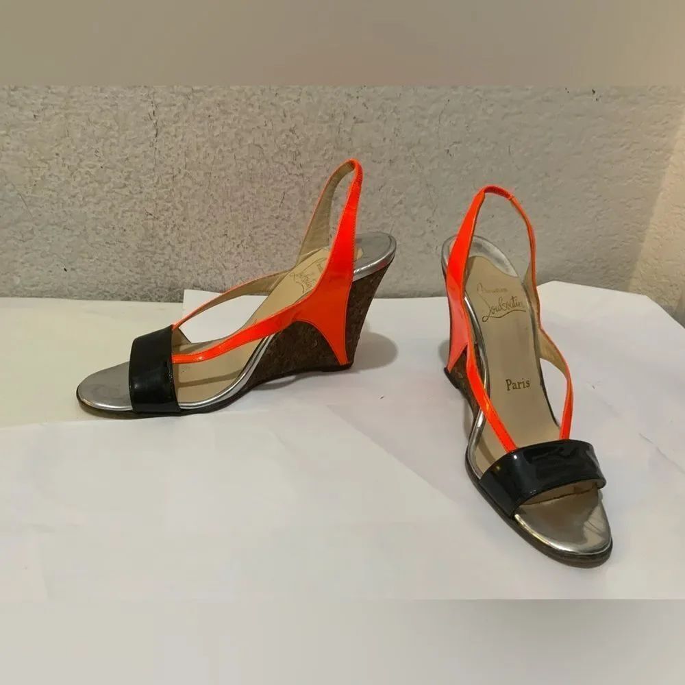 Christian Louboutin Yasmin Sanzep Strappy Neon orange Black Wedge heels 38
